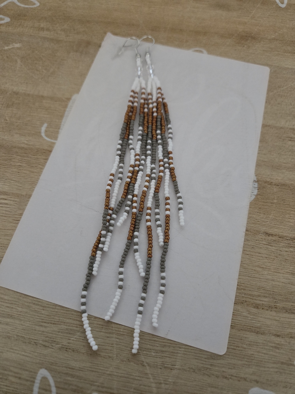 Long Beaded Fringe Earrings in White, Gray & Brown